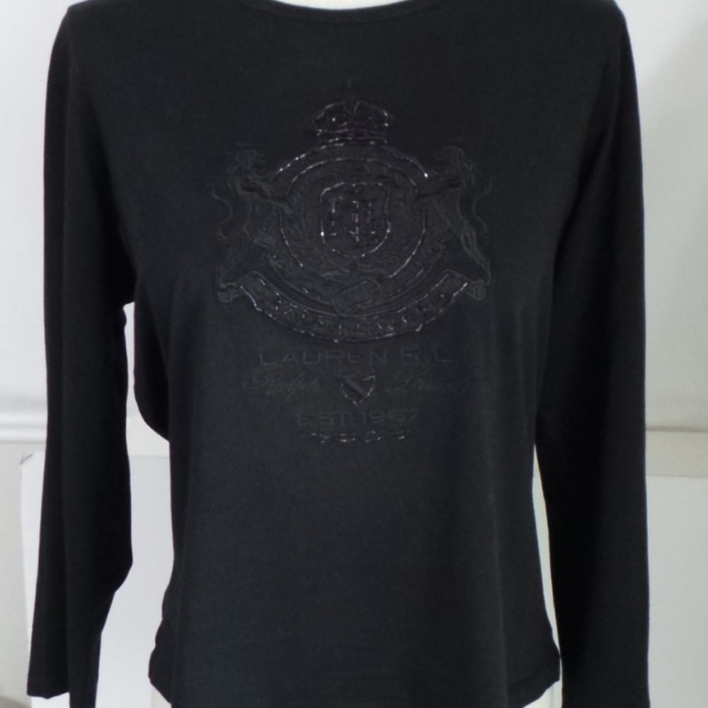 LRL Ralph Lauren Black Beaded CREST Shirt Blouse